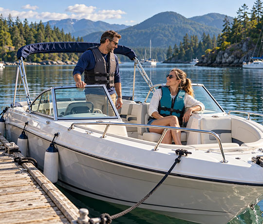Two boaters wearing life jackets aboard a recreational powerboat moored at a British Columbia marina