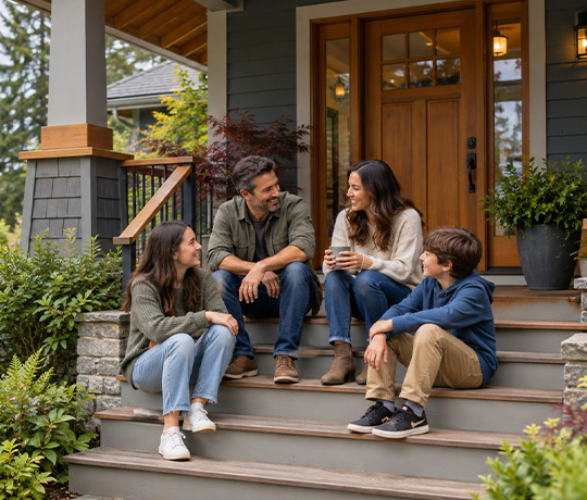 A family spending time together on the front steps of a West Coast home