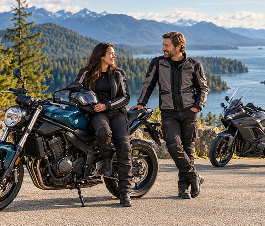Two riders taking a break beside parked motorcycles at a scenic British Columbia coastal viewpoint