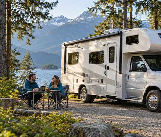 A couple relaxing beside a motorhome at a forested lakeside campsite in British Columbia