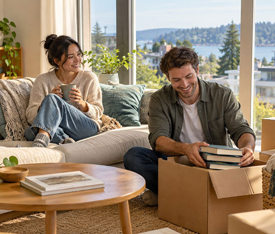 A couple settling into a bright rented apartment in British Columbia