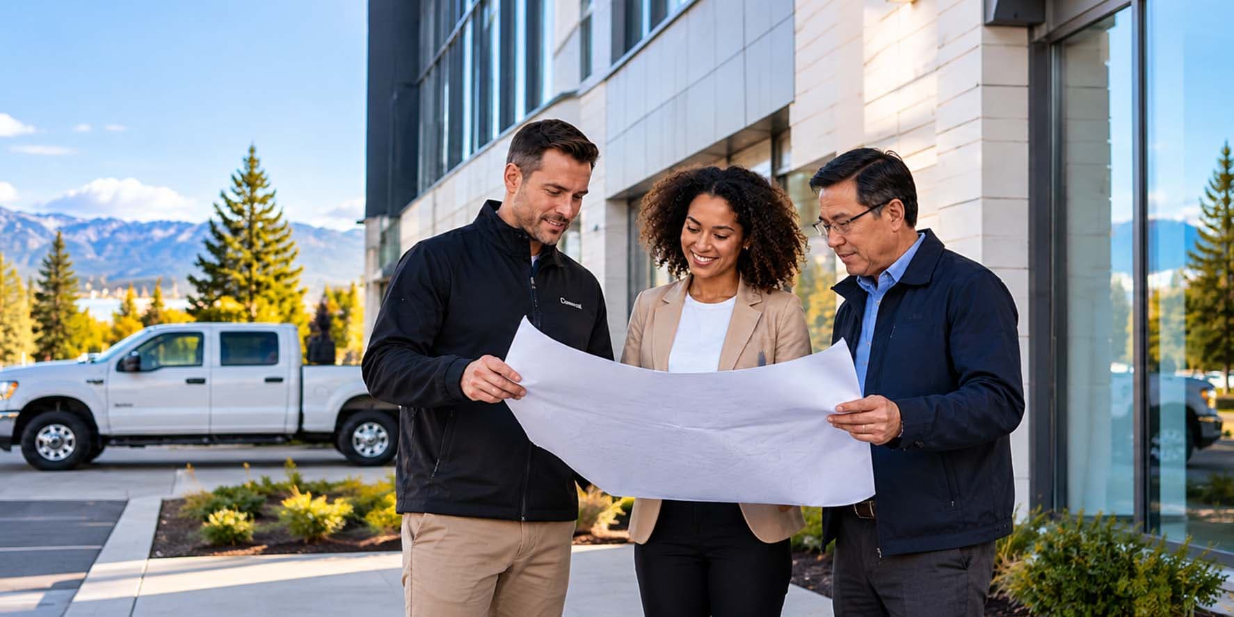 Two construction professionals reviewing project plans at a British Columbia worksite