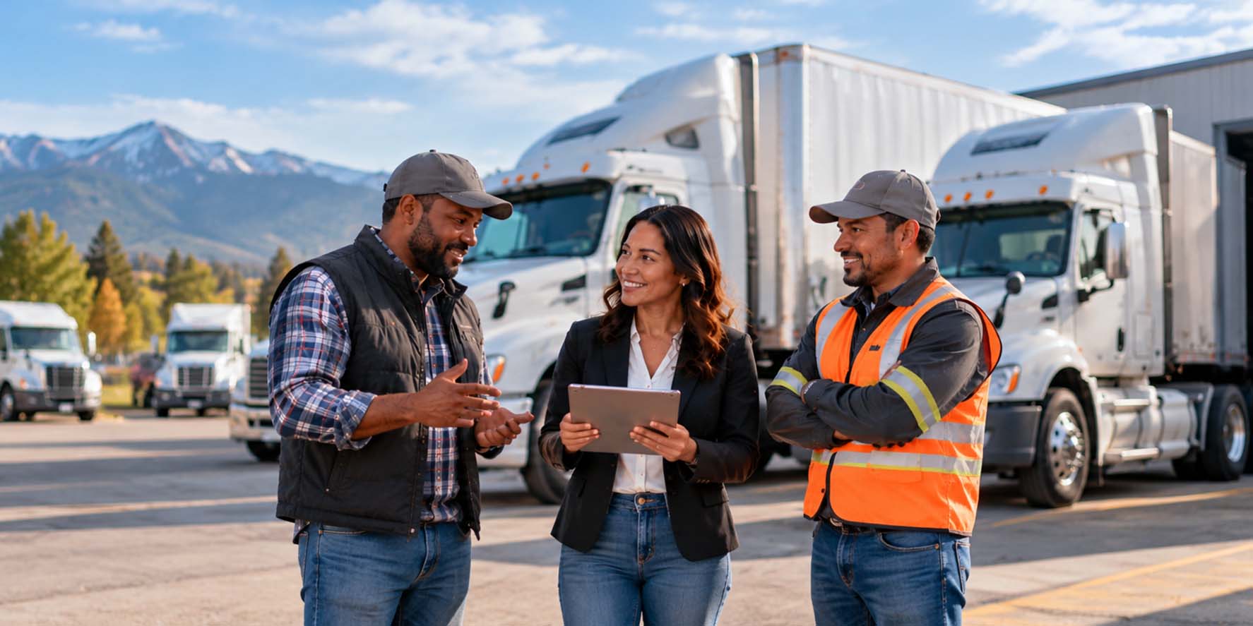 Two commercial vehicle operators reviewing logistics beside a delivery van and box truck in British Columbia