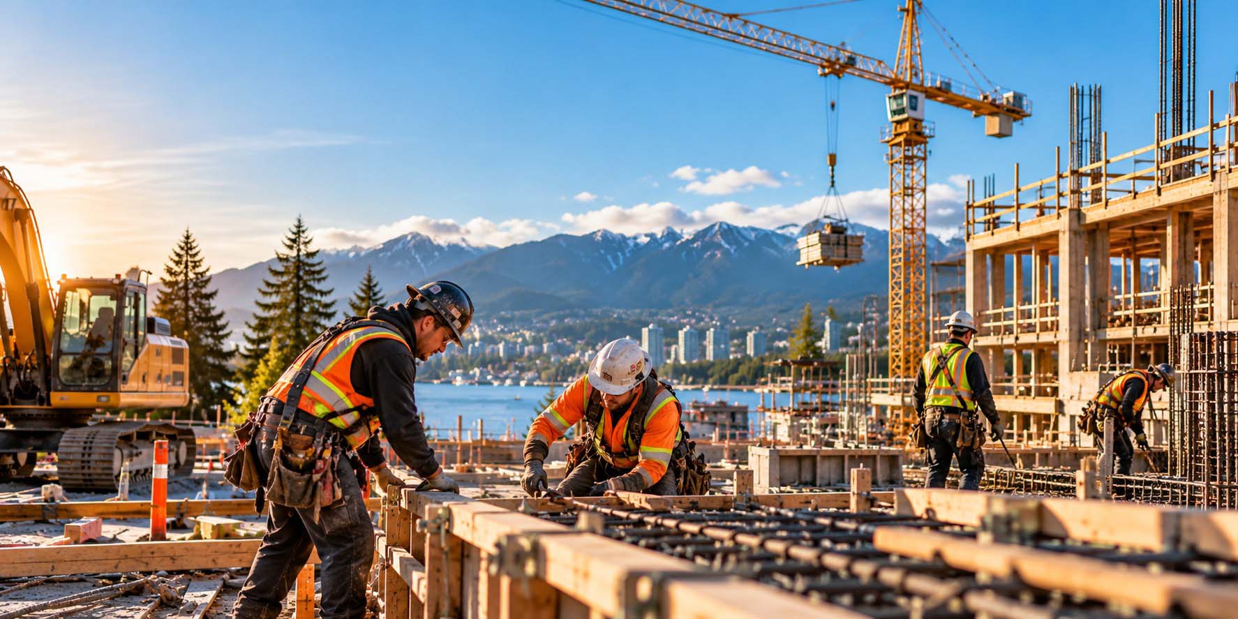 Two construction professionals reviewing blueprints at an active British Columbia building site