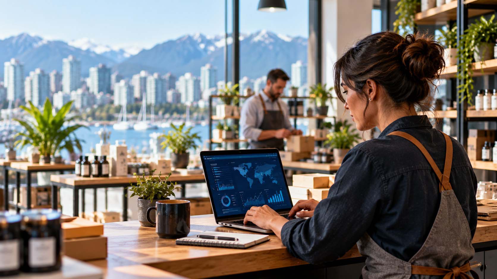 British Columbia small business owner reviewing digital operations on a laptop in a retail studio