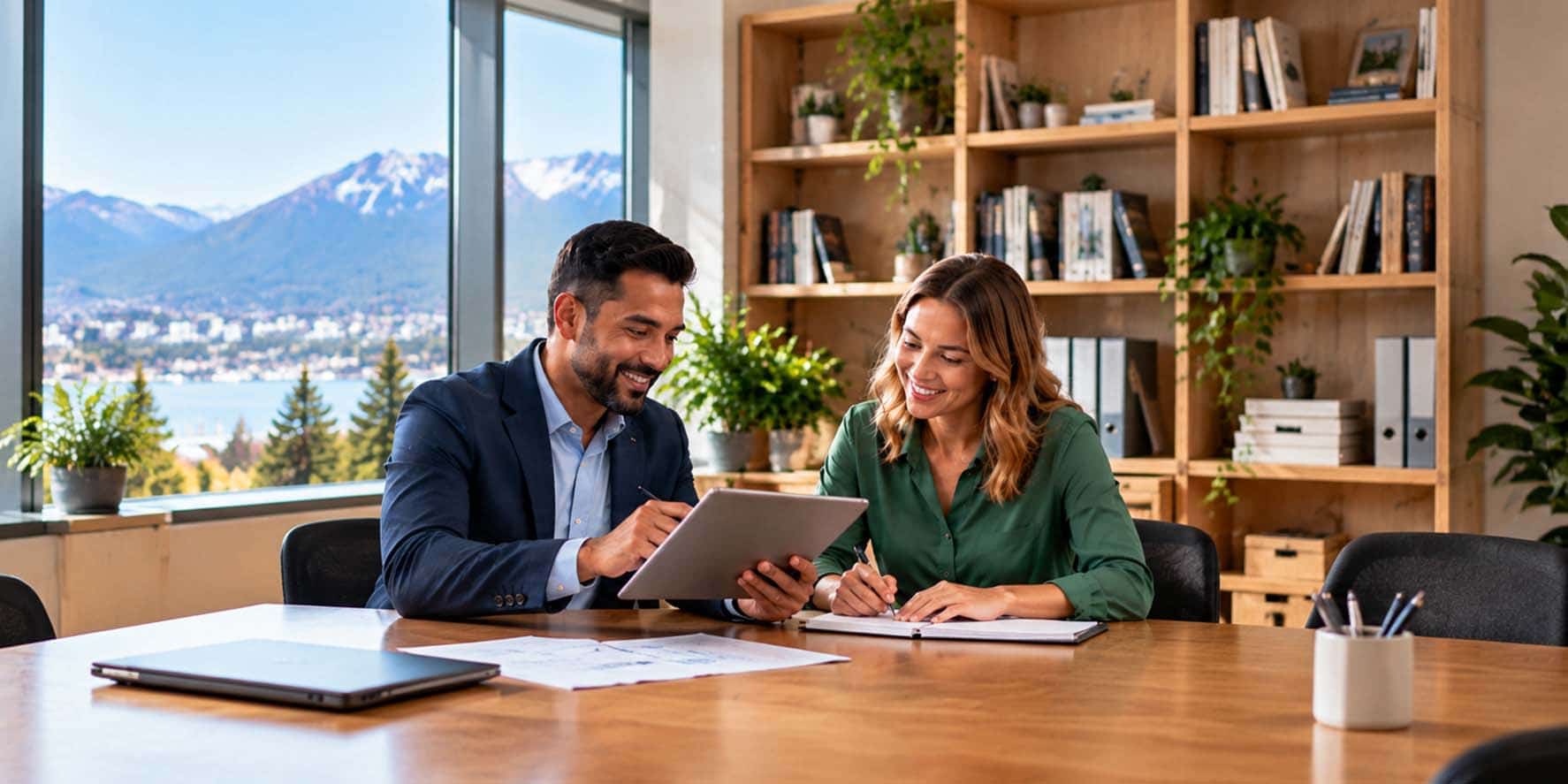 Two professional consultants reviewing project plans and a laptop in a bright British Columbia office