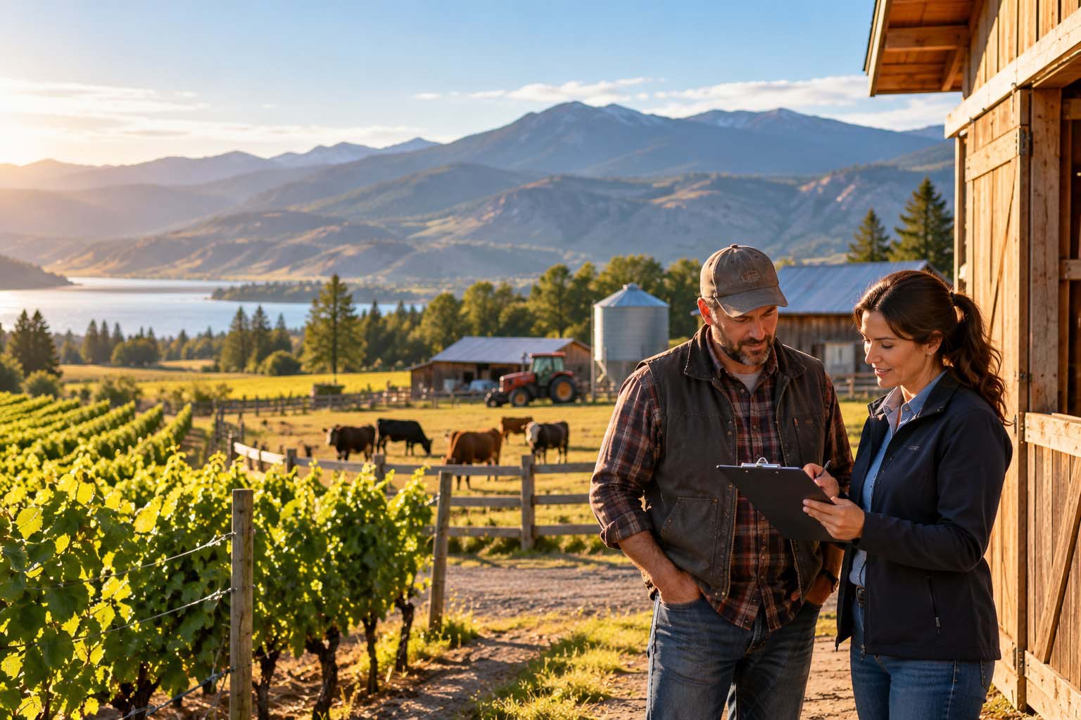 Two farmers reviewing farm operations beside a barn with vineyards, cattle and BC mountains