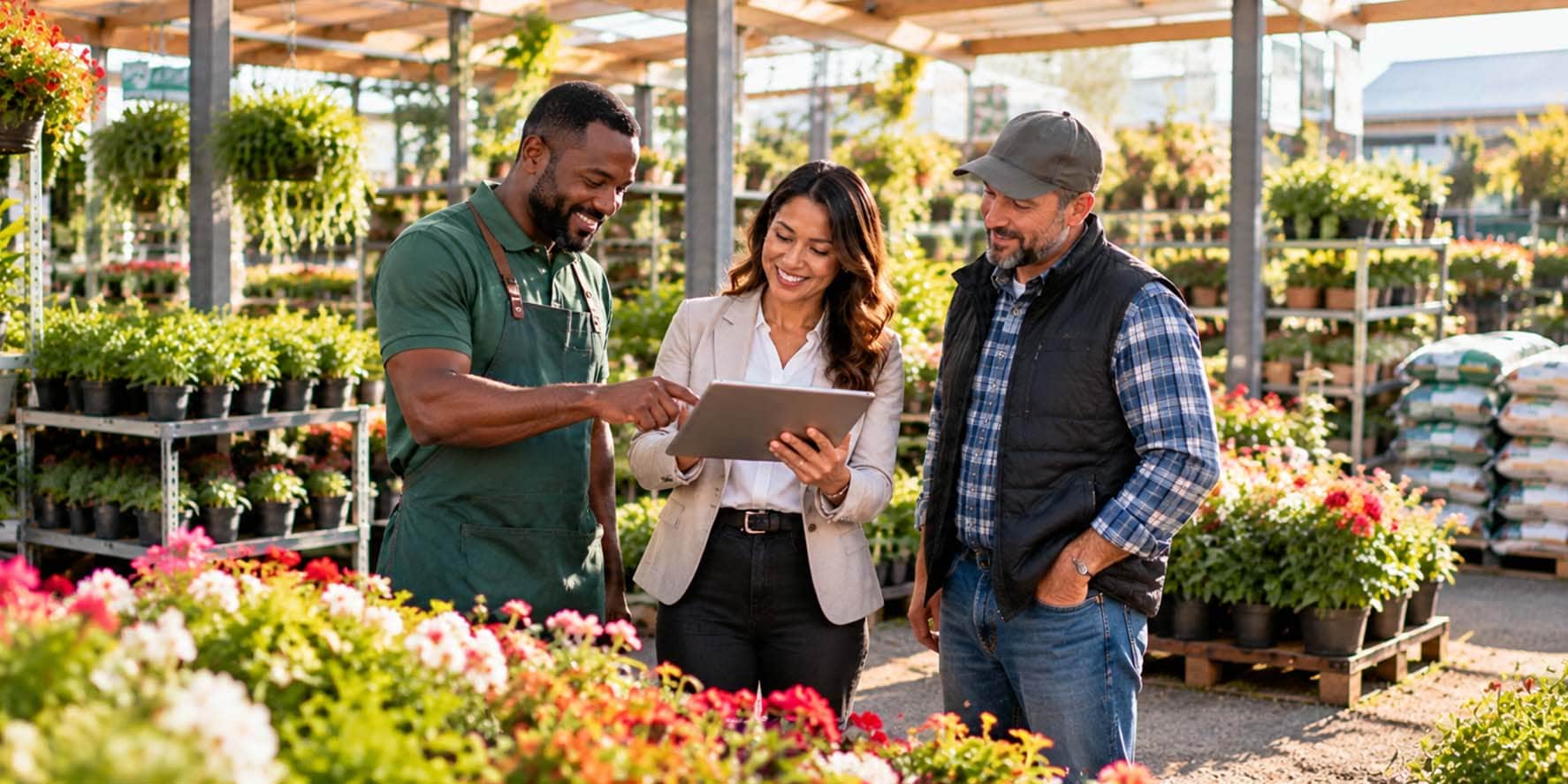 Garden centre operators reviewing plant inventory beside a greenhouse and colourful nursery displays in British Columbia